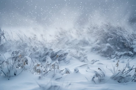 snowstorm with snowflakes swirling in the wind, covering landscape in a blanket of white, created with generative aiの素材