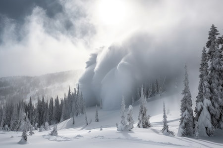 snowstorm with blizzard conditions, bringing avalanches and snowdrifts, created with generative aiの素材
