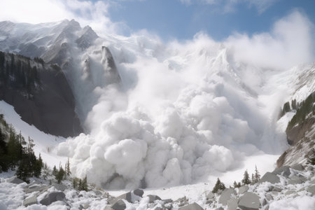 avalanche of snow and ice tumbling down mountain, with view of the distant landscape visible, created with generative aiの素材