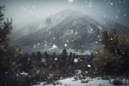 snowstorm with snowflakes swirling, obscuring the view of a mountain range, created with generative aiの素材