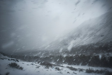 snowstorm with snowflakes swirling, obscuring the view of a mountain range, created with generative aiの素材
