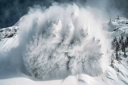 close-up of a fluffy avalanche, with snowflakes swirling in the air, created with generative aiの素材