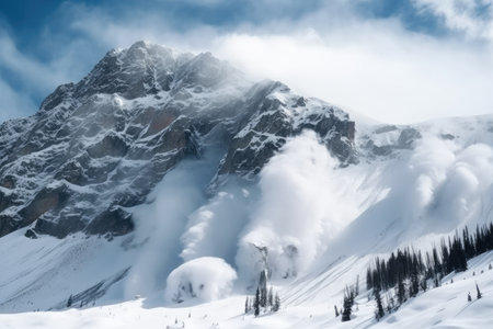 avalanches and snowstorms in the mountains of the wilderness, with a view of towering peaks, created with generative aiの素材