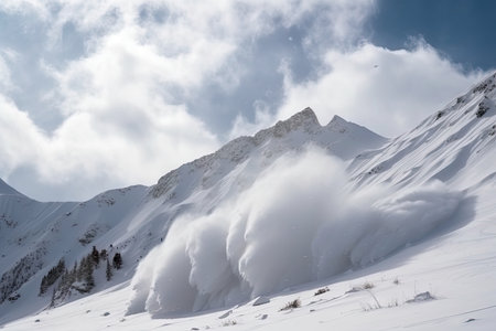 avalanches and snowstorms in the mountains of the wilderness, with a view of towering peaks, created with generative aiの素材