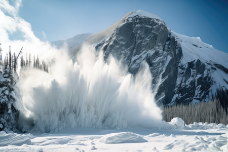 avalanche of snow and ice tumbling down mountain, with frozen lake visible in the background, created with generative aiの素材