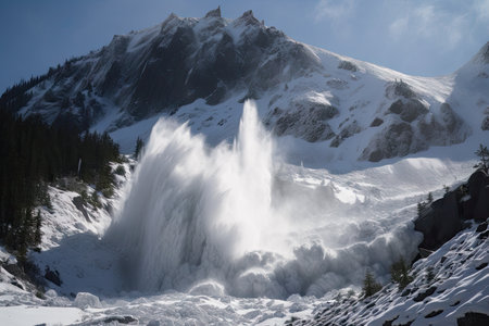 avalanche of snow and ice tumbling down mountain, with frozen lake visible in the background, created with generative aiの素材