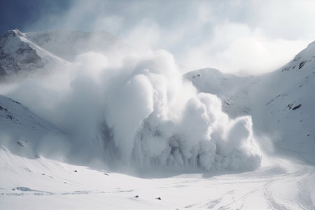 avalanches in slow motion, with billowing clouds of snow and dust, created with generative aiの素材