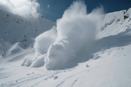 avalanches in slow motion, with billowing clouds of snow and dust, created with generative aiの素材