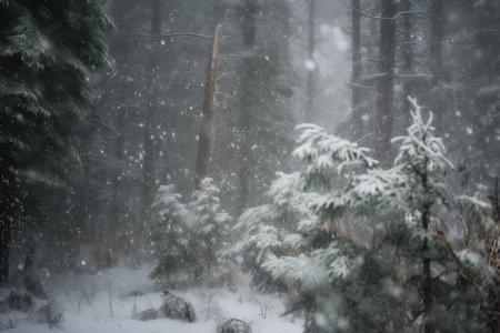 snowstorm whipping through forest, bringing with it snow and wind, created with generative aiの素材