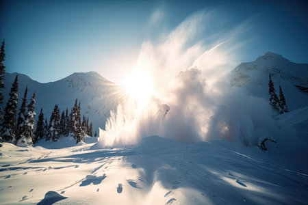 avalanches descending on a remote winter landscape, with the sun shining through, created with generative aiの素材