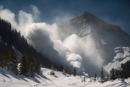 avalanche from a distant view, with clouds and snow blowing in the wind, created with generative aiの素材