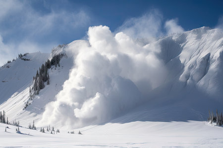 avalanche from a distant view, with clouds and snow blowing in the wind, created with generative aiの素材