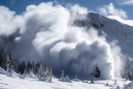 avalanche from a distant view, with clouds and snow blowing in the wind, created with generative aiの素材