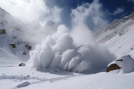 avalanches and snowstorms in the high mountains, with thundering avalanches and raging blizzards, created with generative aiの素材