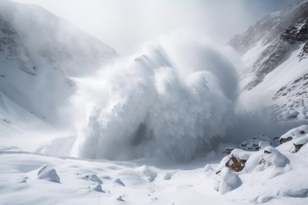 avalanches and snowstorms in the high mountains, with thundering avalanches and raging blizzards, created with generative aiの素材