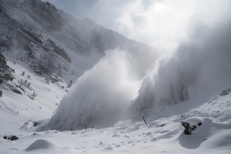 avalanches and snowstorms in the high mountains, with thundering avalanches and raging blizzards, created with generative aiの素材