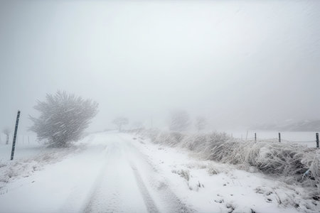 snowstorm with heavy snowfall and high winds, scouring the landscape, created with generative aiの素材