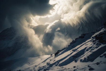 avalanches and snowstorms in the mountains, with dramatic clouds and sunlight filter through, created with generative aiの素材