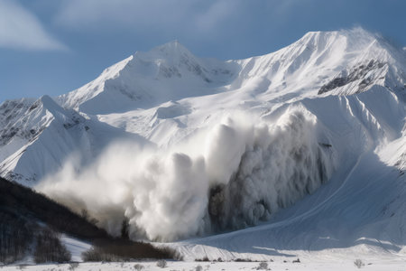 avalanche rolling down the side of a mountain, with view of distant peaks visible in the background, created with generative aiの素材