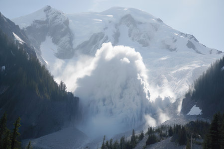 avalanche rolling down the side of a mountain, with view of distant peaks visible in the background, created with generative aiの素材