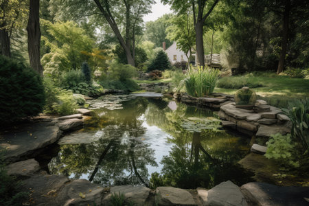 reflection of backyards pond in peaceful and serene setting, created with generative aiの素材