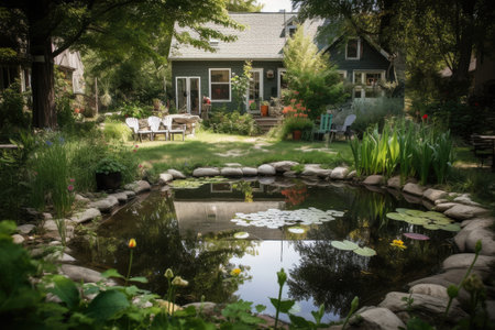 reflection of backyards pond in peaceful and serene setting, created with generative aiの素材