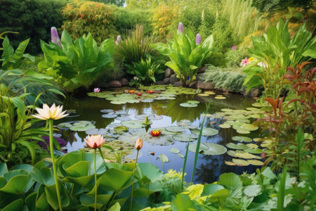 backyard pond with water lilies and dragonflies, surrounded by vibrant greenery, created with generative aiの素材