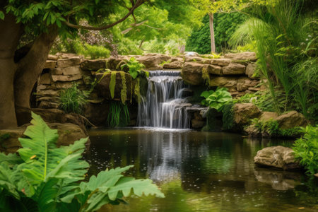 waterfall cascading into serene pond surrounded by lush greenery, created with generative aiの素材