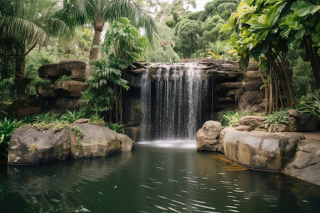 waterfall cascading into serene pond surrounded by lush greenery, created with generative aiの素材