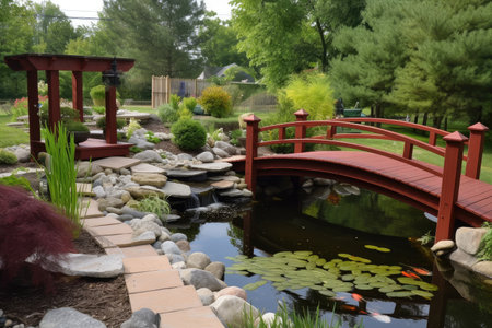backyard pond with decorative bridge and japanese lanterns, created with generative aiの素材