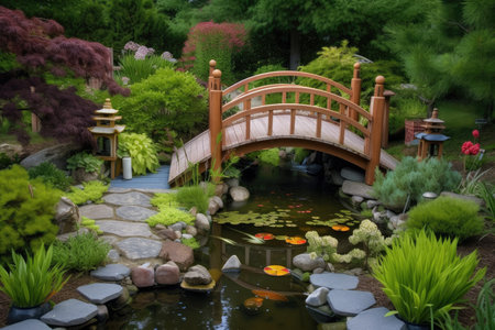 backyard pond with decorative bridge and japanese lanterns, created with generative aiの素材