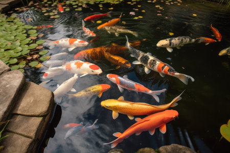 backyard pond with koi fish swimming, created with generative aiの素材
