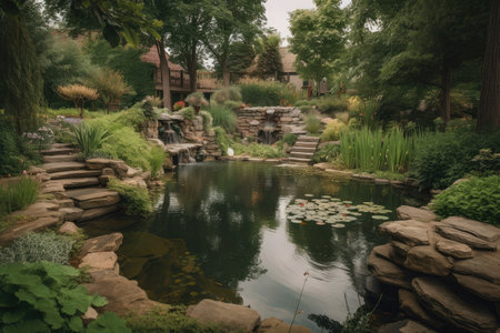 backyard pond with cascading waterfalls and lush greenery, created with generative aiの素材