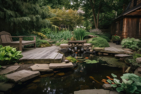 peaceful back yard pond surrounded by stone and wooden features, created with generative aiの素材