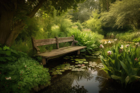 rustic wooden bench surrounded by lush foliage and a tranquil pond, created with generative aiの素材