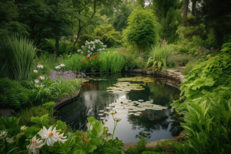 backyard pond surrounded by lush greenery and blooming flowers, created with generative aiの素材