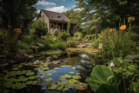 backyard pond surrounded by lush greenery and blooming flowers, created with generative aiの素材