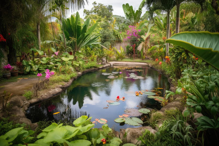 backyard pond surrounded by tropical greenery and colorful flowers, created with generative aiの素材