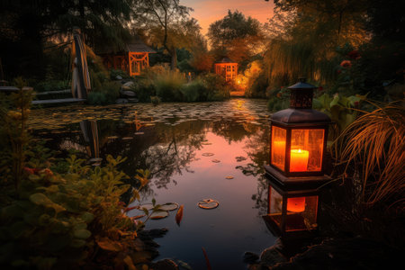 a tranquil backyard pond with a floating lantern and an orange sky in the background, created with generative aiの素材