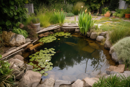 low-maintenance backyard pond with water plants and driftwood for simple yet elegant garden or landscape design, created with generative aiの素材