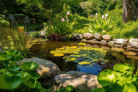 backyard pond, with water lilies and dragonflies, surrounded by natural scenery, created with generative aiの素材