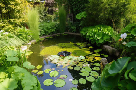 backyard pond, with water lilies and dragonflies, surrounded by natural scenery, created with generative aiの素材