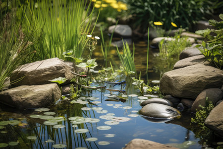 backyard pond surrounded by lush greenery, with dragonflies and other insects buzzing, created with generative aiの素材
