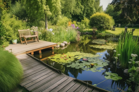 backyard pond surrounded by garden and greenery, with wooden deck for relaxing, created with generative aiの素材