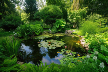 backyard pond surrounded by lush foliage and peaceful serene setting, created with generative aiの素材