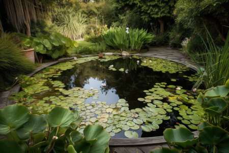 backyard pond with water lilies floating on the surface, surrounded by lush greenery, created with generative aiの素材