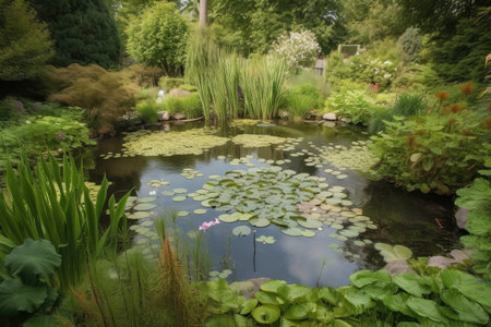 backyard pond with water lilies and rushes, surrounded by lush greenery, created with generative aiの素材