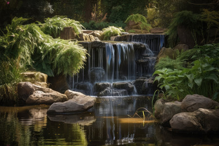 waterfall cascading into tranquil pond, created with generative aiの素材
