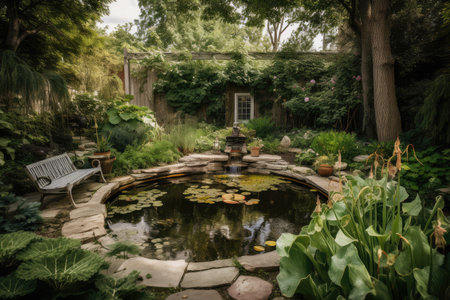 relaxing backyard pond with fountain, surrounded by lush greenery, created with generative aiの素材