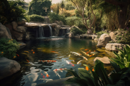 pond with waterfall and koi fish swimming in the water, created with generative aiの素材
